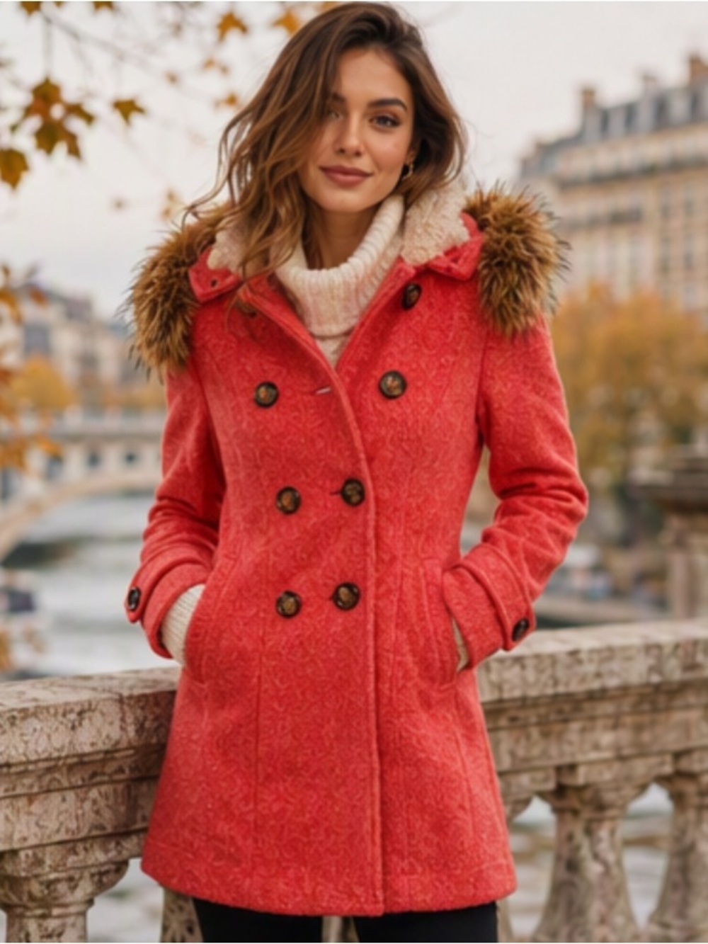 🌷 Toucino 🌷 Coral Orange Wool Fur Trim Hooded Dress Coat